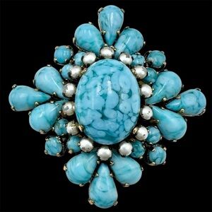 Western Germany Signed Vintage Blue Hubbell Glass Brooch Pin